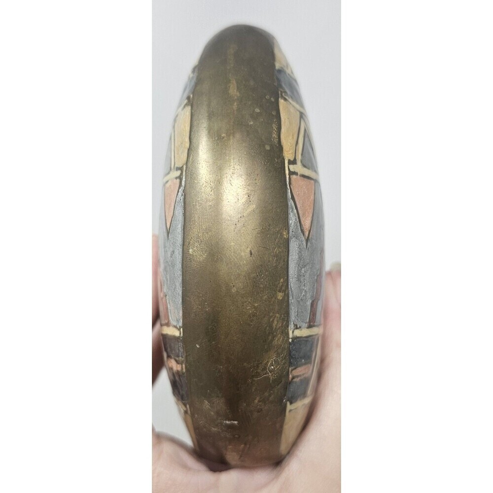 Vintage Small Geometric Enameled Painted Multicolor Brass Vase India 5"x5" - Picture 5 of 10